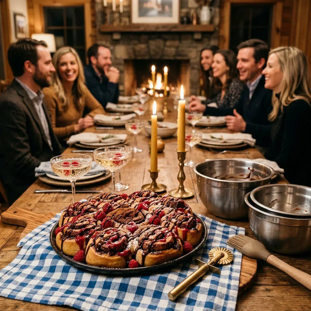 An appetizing, fresh serving of cooked Chocolate-Raspberry Sweet Rolls displayed beautifully on a styled dining table.