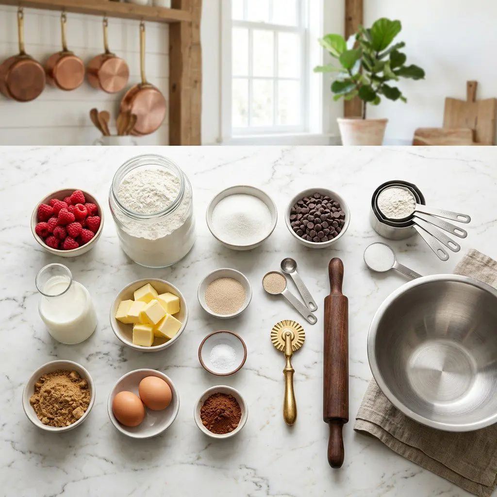 Raw cooking ingredients for Chocolate-Raspberry Sweet Rolls arranged beautifully on a clean kitchen counter.
