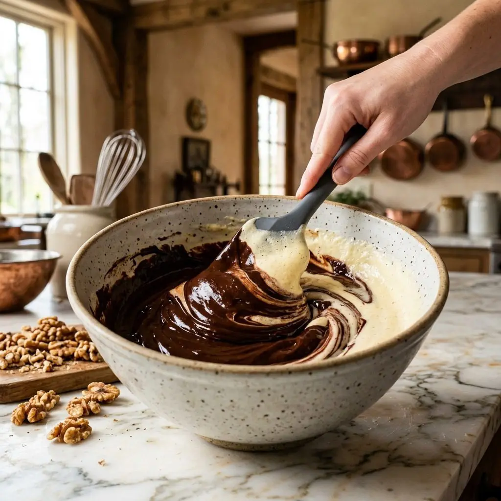 Home cook prepared steps for assembling and cooking Chocolate-Walnut Torte.