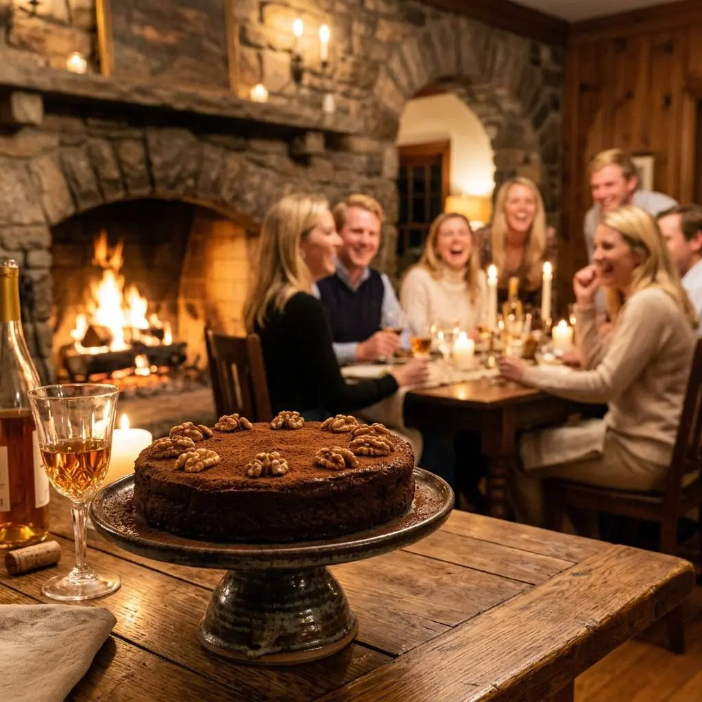 An appetizing, fresh serving of cooked Chocolate-Walnut Torte displayed beautifully on a styled dining table.