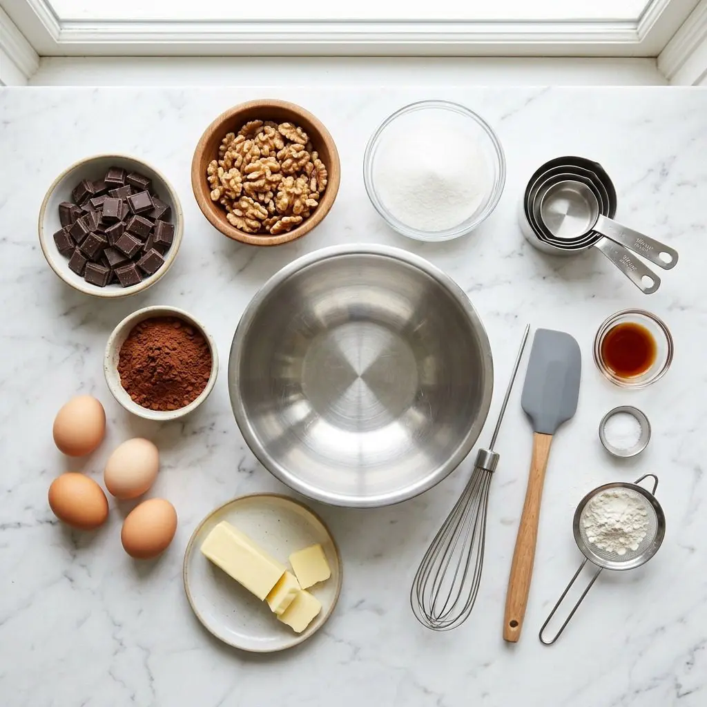 Raw cooking ingredients for Chocolate-Walnut Torte arranged beautifully on a clean kitchen counter.