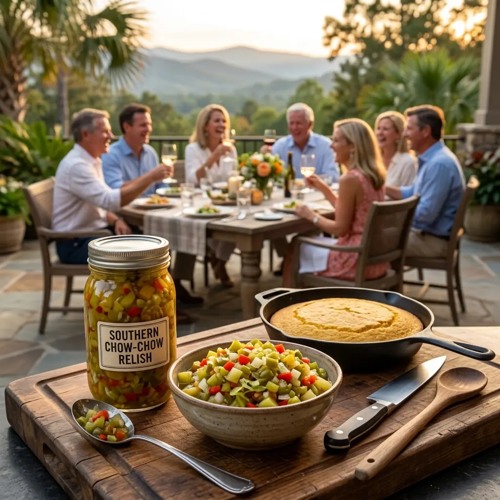 Southern Chow-Chow Relish prepared in a jar and bowl on a cutting board, with couples enjoying a dinner party in the background.