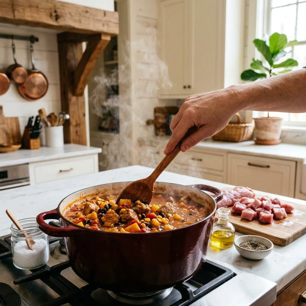 Home cook prepared steps for assembling and cooking Chunky Pork, Butternut Squash and Black Bean Chili.