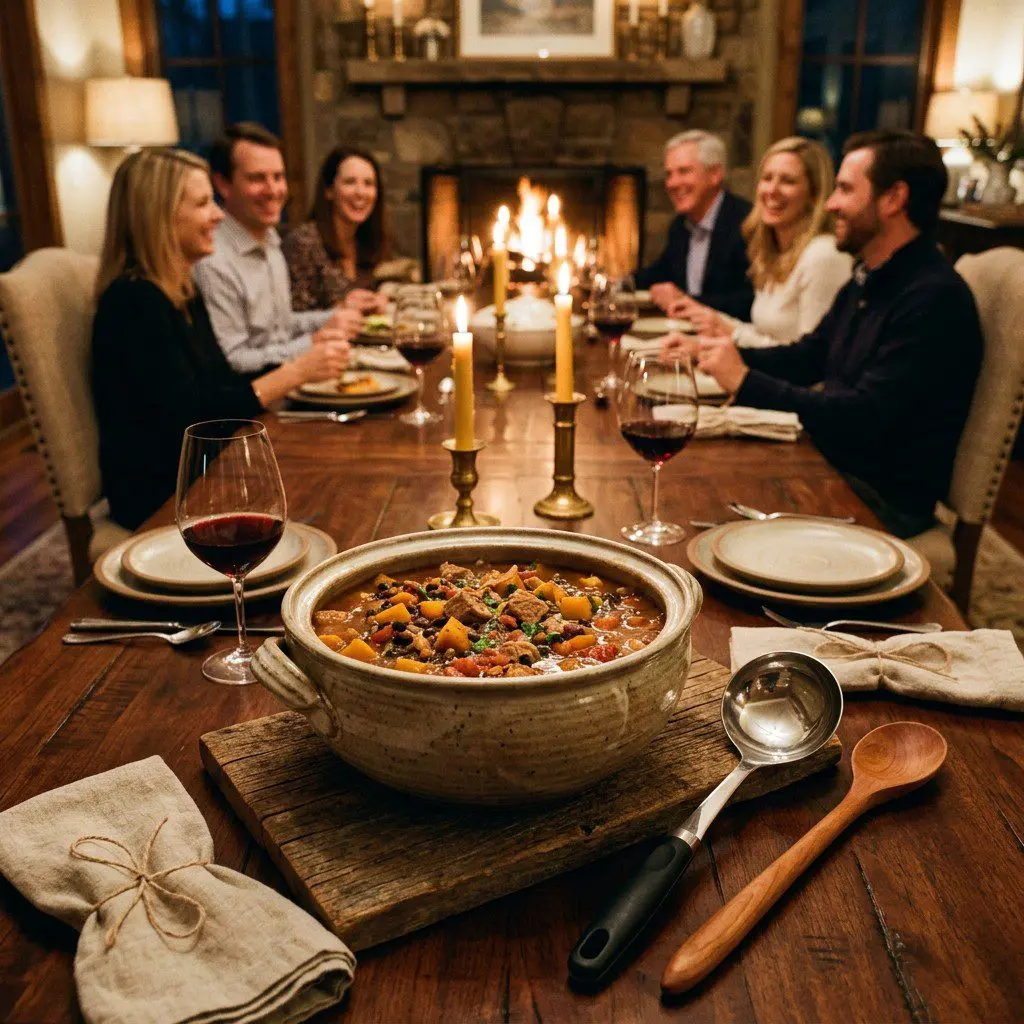 An appetizing, fresh serving of cooked Chunky Pork, Butternut Squash and Black Bean Chili displayed beautifully on a styled dining table.