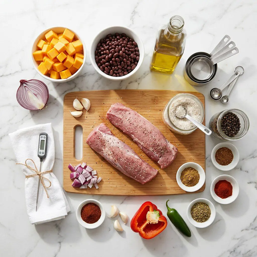 Raw cooking ingredients for Chunky Pork, Butternut Squash and Black Bean Chili arranged beautifully on a clean kitchen counter.