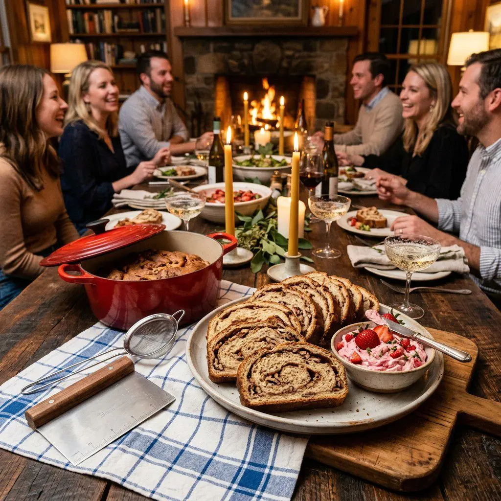 An appetizing, fresh serving of cooked Cinnamon-Nut Bread with Strawberry-Thyme Schmear displayed beautifully on a styled dining table.