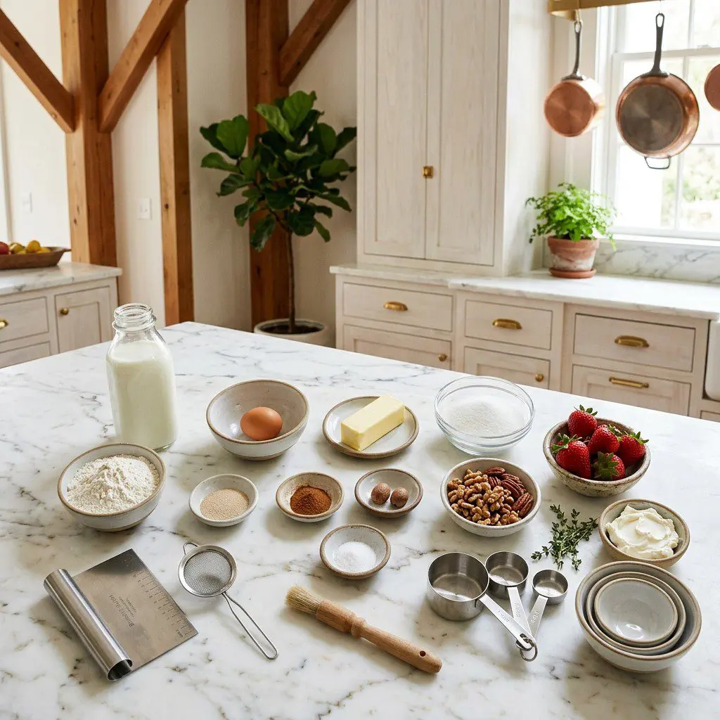 Raw cooking ingredients for Cinnamon-Nut Bread with Strawberry-Thyme Schmear arranged beautifully on a clean kitchen counter.
