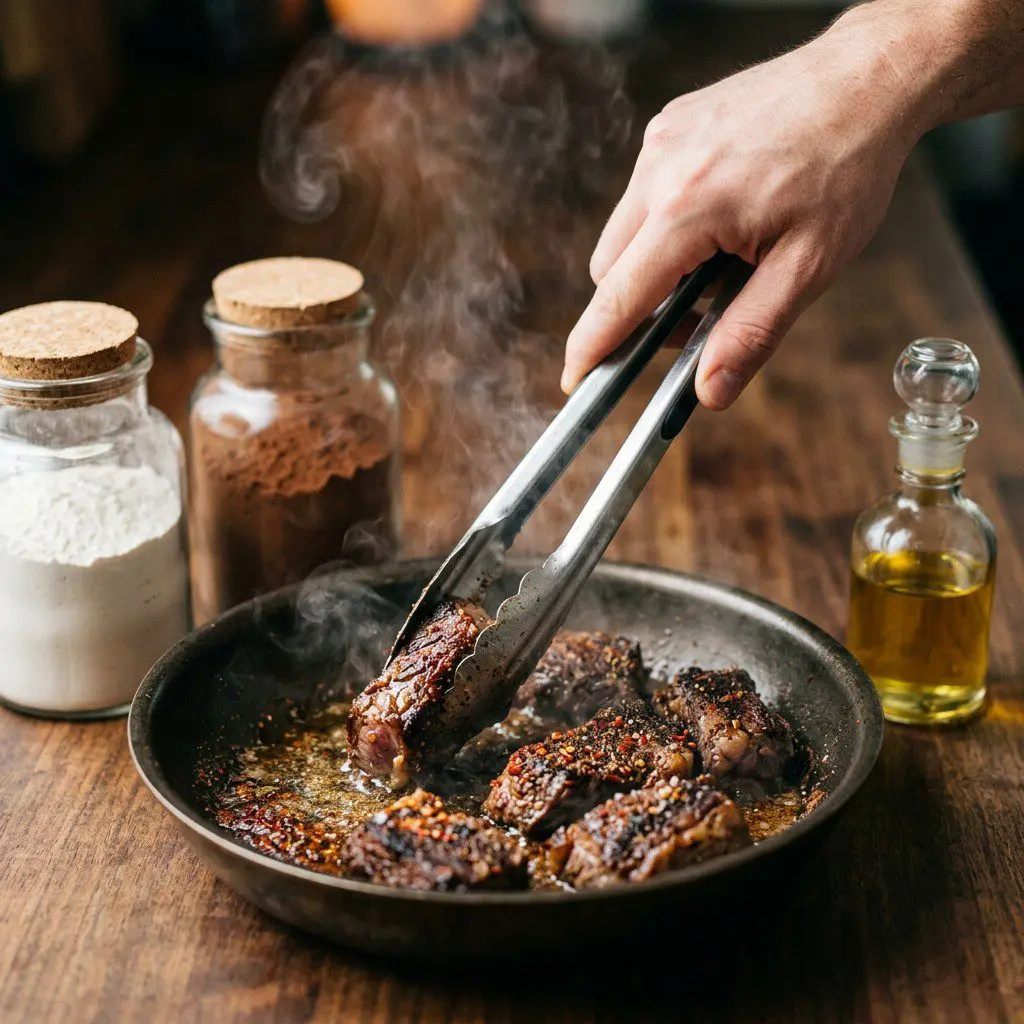 Home cook prepared steps for assembling and cooking Cocoa Spiced Beef Stew over Chipotle Sweet Potato Mash.
