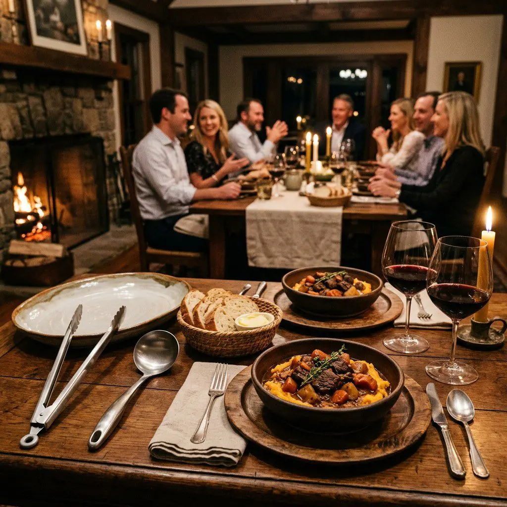 An appetizing, fresh serving of cooked Cocoa Spiced Beef Stew over Chipotle Sweet Potato Mash displayed beautifully on a styled dining table.