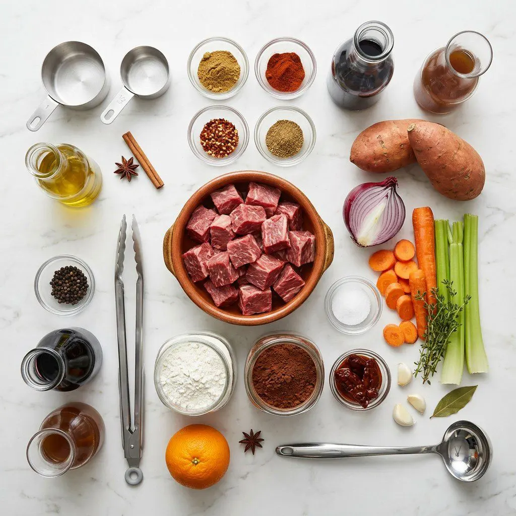 Raw cooking ingredients for Cocoa Spiced Beef Stew over Chipotle Sweet Potato Mash arranged beautifully on a clean kitchen counter.