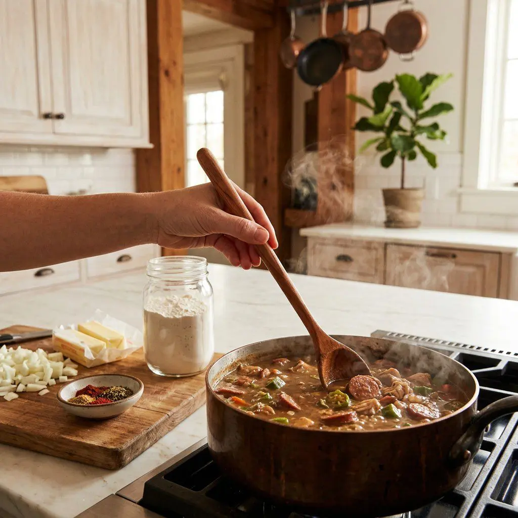 Home cook prepared steps for assembling and cooking Company’s Comin’ Gumbo.