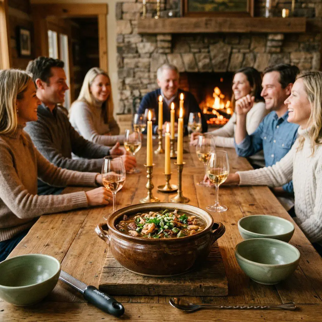 An appetizing, fresh serving of cooked Company’s Comin’ Gumbo displayed beautifully on a styled dining table.