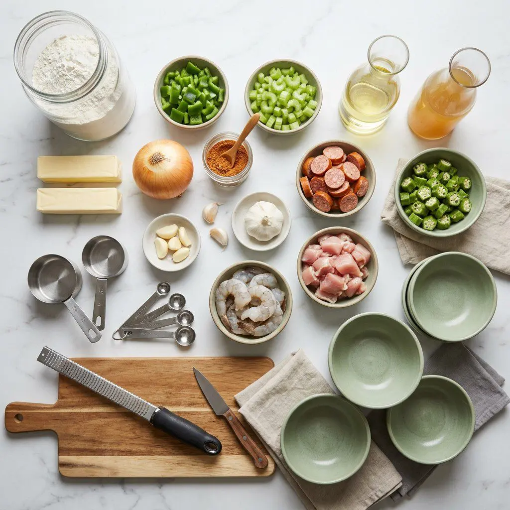Raw cooking ingredients for Company’s Comin’ Gumbo arranged beautifully on a clean kitchen counter.