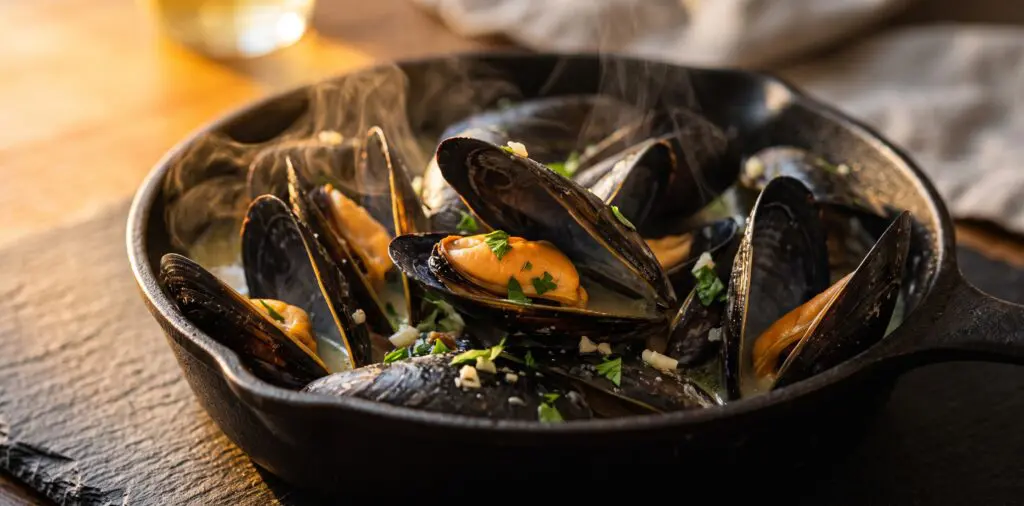 Black mussels steaming open in a pot, vivid orange-gold meat revealed, white wine broth and parsley between the shells.