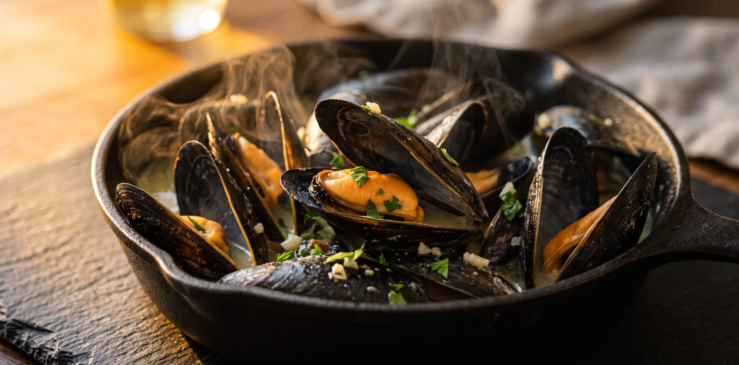 Black mussels steaming open in a pot, vivid orange-gold meat revealed, white wine broth and parsley between the shells.