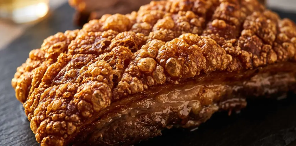 Extreme macro of perfectly rendered pork belly crackling, a landscape of golden puffed blisters and crisp bubbles.