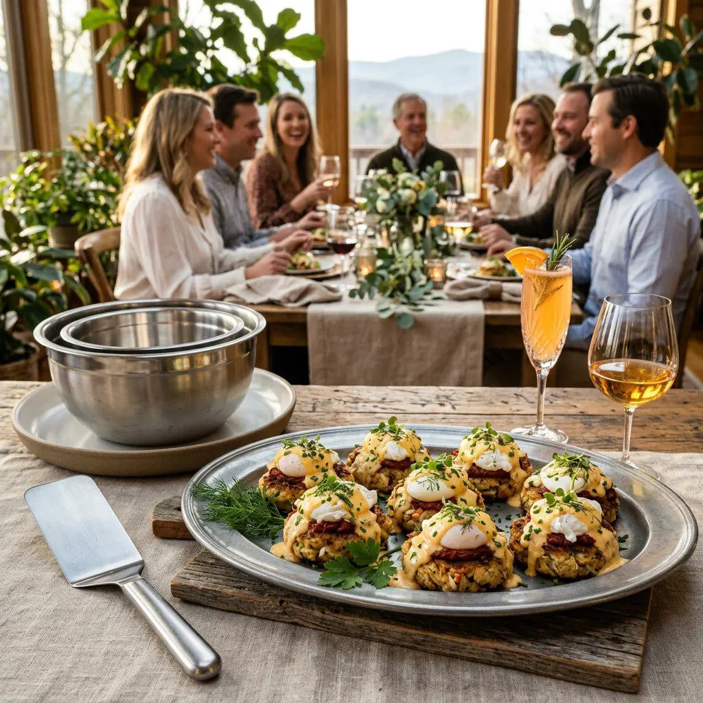 An appetizing, fresh serving of cooked Crab Cakes Topped with Poached Eggs and Sun-Dried Tomato Hollandaise Sauce displayed beautifully on a styled dining table.