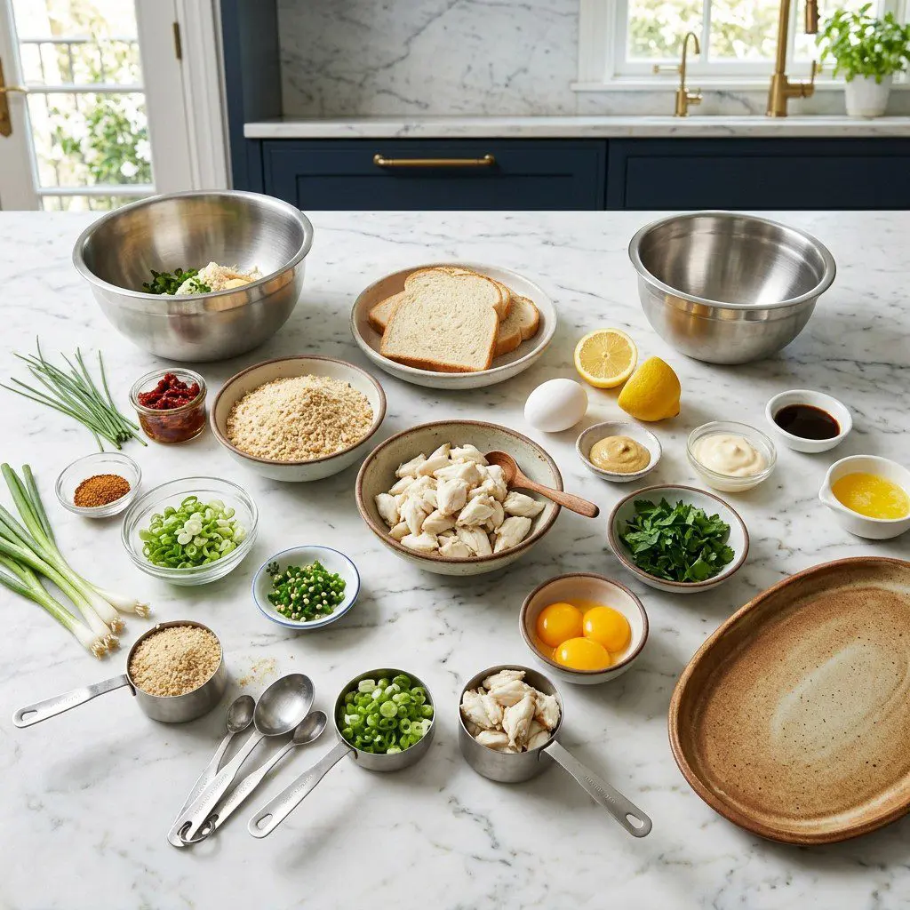 Raw cooking ingredients for Crab Cakes Topped with Poached Eggs and Sun-Dried Tomato Hollandaise Sauce arranged beautifully on a clean kitchen counter.