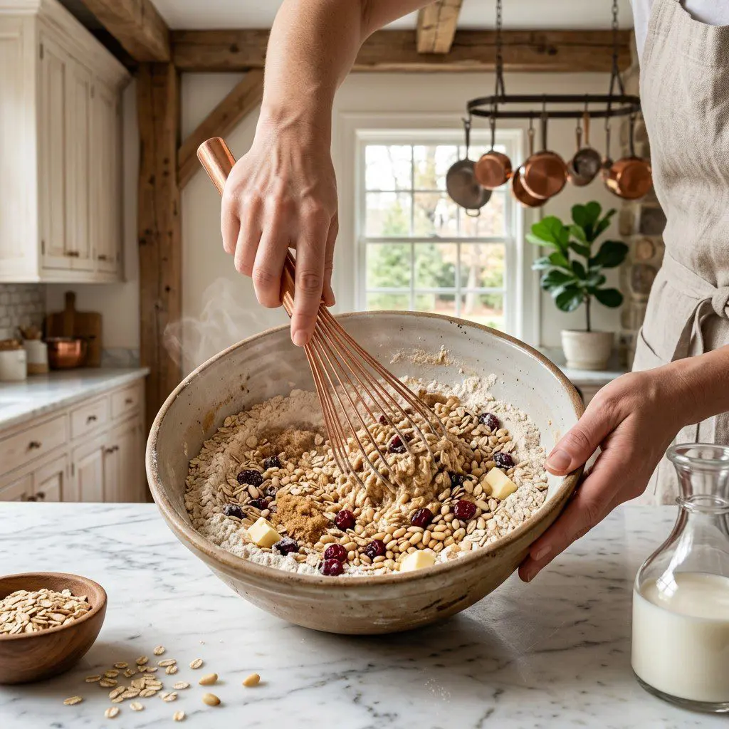 Home cook prepared steps for assembling and cooking Cranberry-Oatmeal Scones with Pine Nuts.