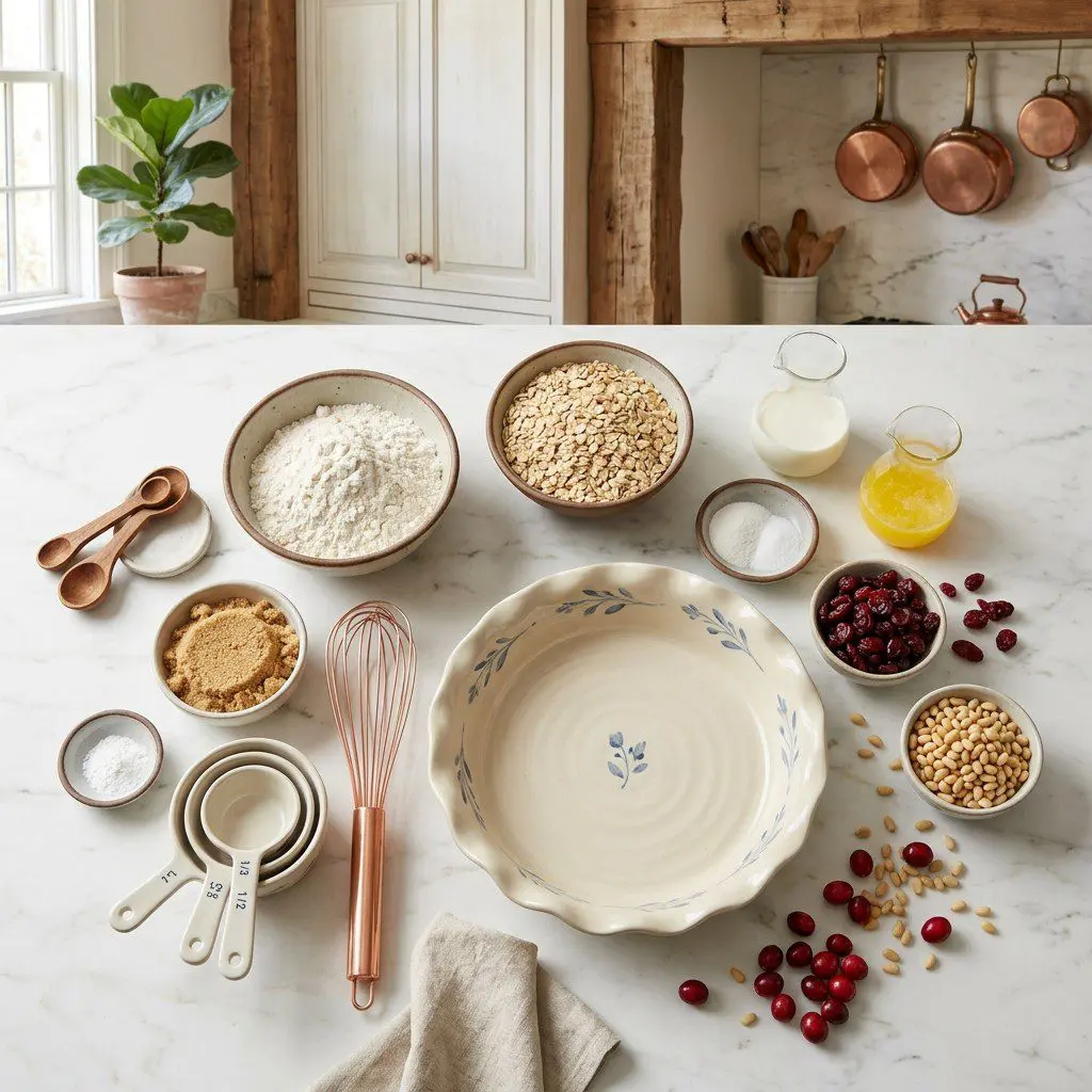 Raw cooking ingredients for Cranberry-Oatmeal Scones with Pine Nuts arranged beautifully on a clean kitchen counter.
