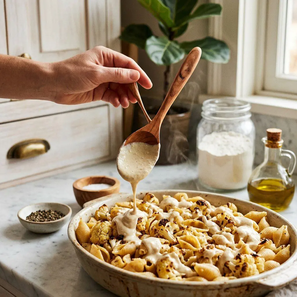 Home cook prepared steps for assembling and cooking Creamy Baked Shells with Roasted Cauliflower.