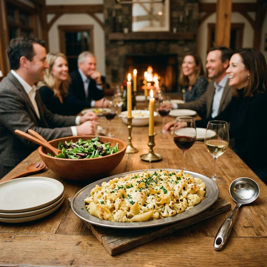 An appetizing, fresh serving of cooked Creamy Baked Shells with Roasted Cauliflower displayed beautifully on a styled dining table.
