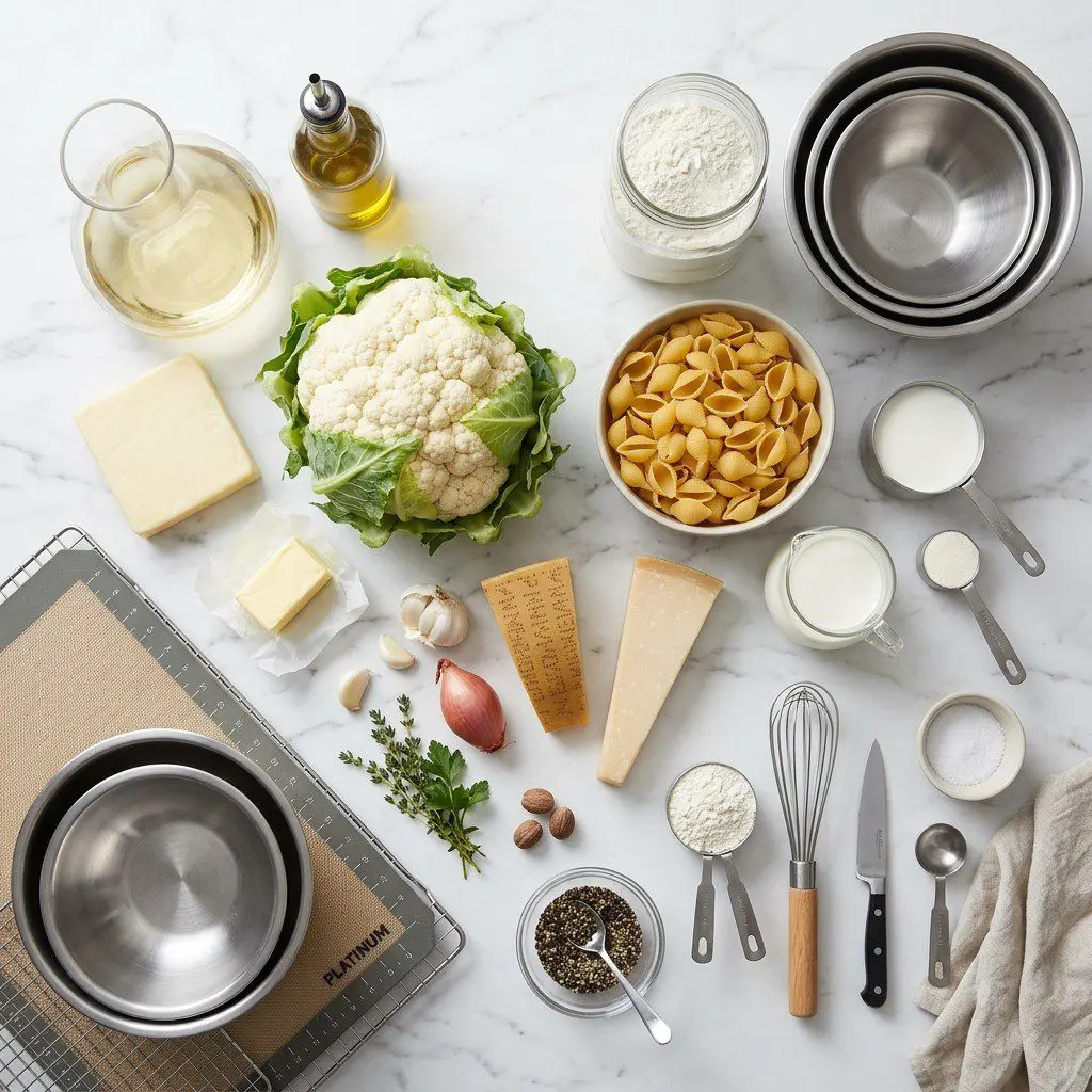 Raw cooking ingredients for Creamy Baked Shells with Roasted Cauliflower arranged beautifully on a clean kitchen counter.
