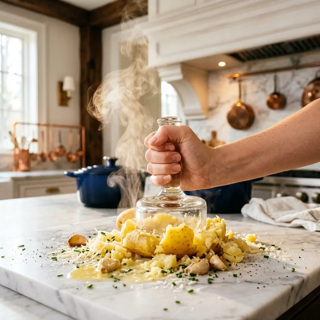 Home cook prepared steps for assembling and cooking Creamy Smashed Parmesan Potatoes with Roasted Garlic.