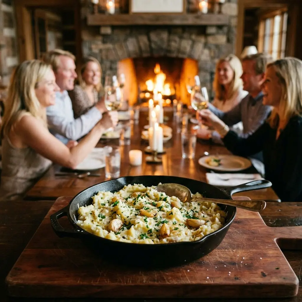 An appetizing, fresh serving of cooked Creamy Smashed Parmesan Potatoes with Roasted Garlic displayed beautifully on a styled dining table.