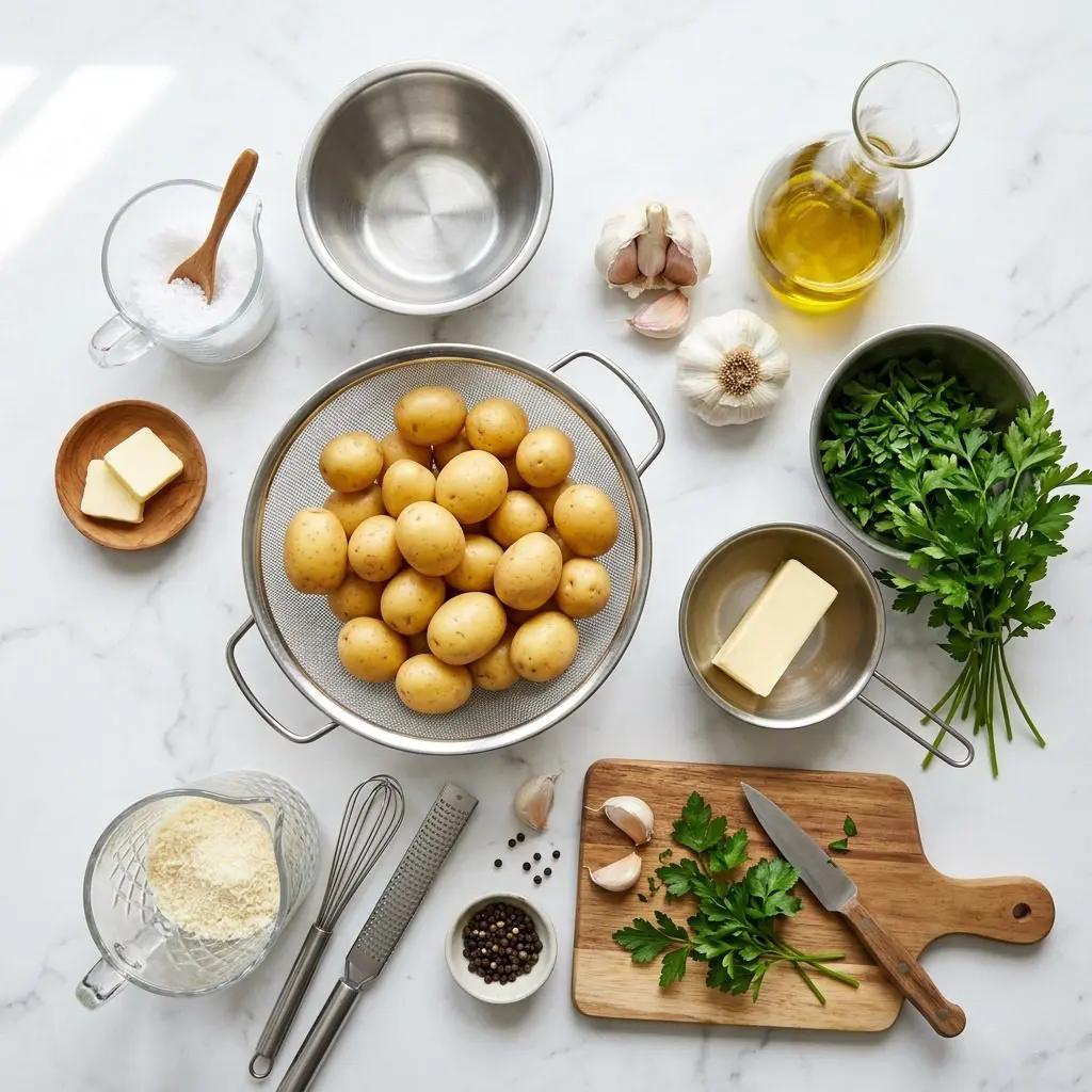 Raw cooking ingredients for Creamy Smashed Parmesan Potatoes with Roasted Garlic arranged beautifully on a clean kitchen counter.