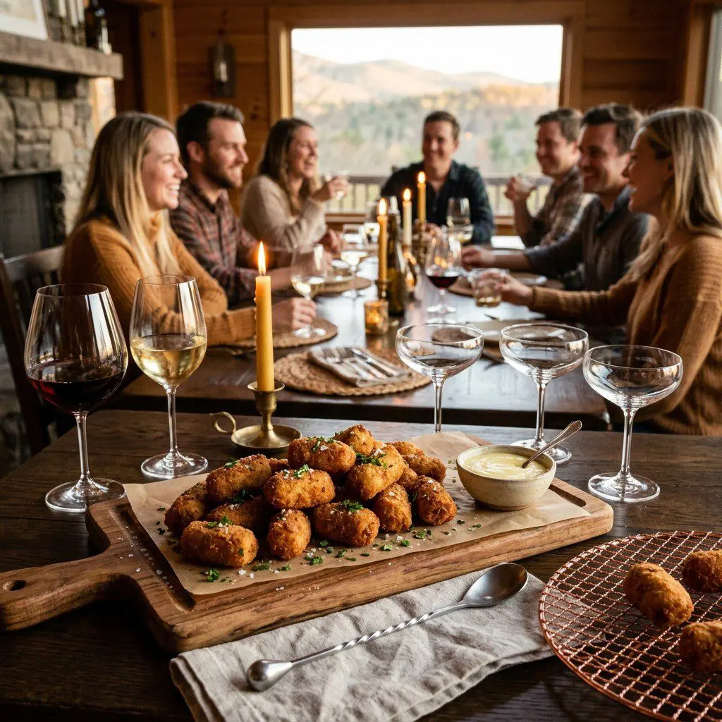 An appetizing, fresh serving of cooked Croquetas de Jamón displayed beautifully on a styled dining table.