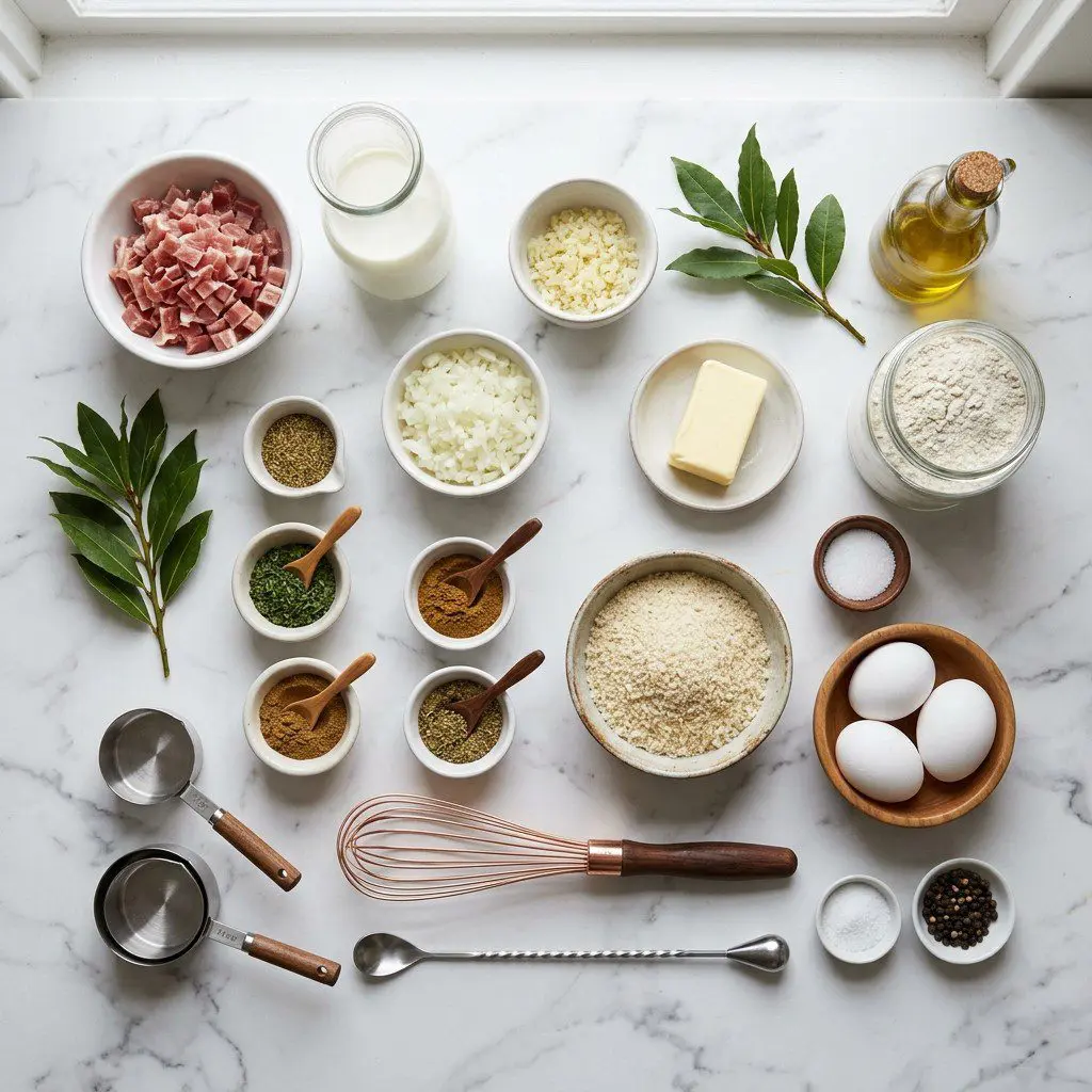Raw cooking ingredients for Croquetas de Jamón arranged beautifully on a clean kitchen counter.