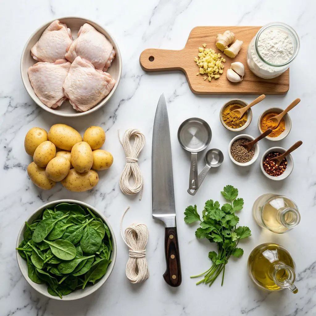 Raw cooking ingredients for Curried Chicken Thighs with Potatoes and Spinach arranged beautifully on a clean kitchen counter.