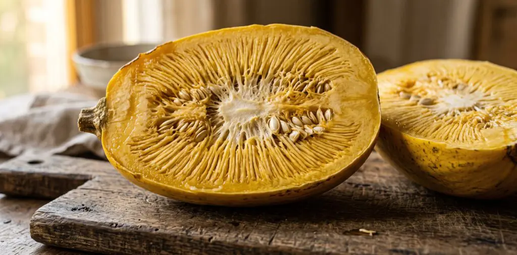 A spaghetti squash halved cleanly, the cut face revealing golden strands radiating from a pale seed cavity.