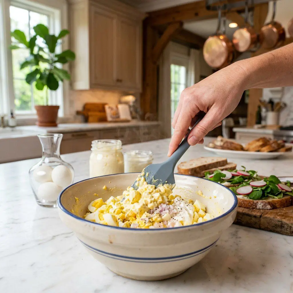 Home cook prepared steps for assembling and cooking Dainty Egg Salad Tartines with Sliced Radishes, Basil and Watercress.