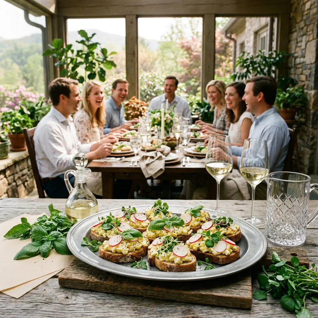 An appetizing, fresh serving of cooked Dainty Egg Salad Tartines with Sliced Radishes, Basil and Watercress displayed beautifully on a styled dining table.