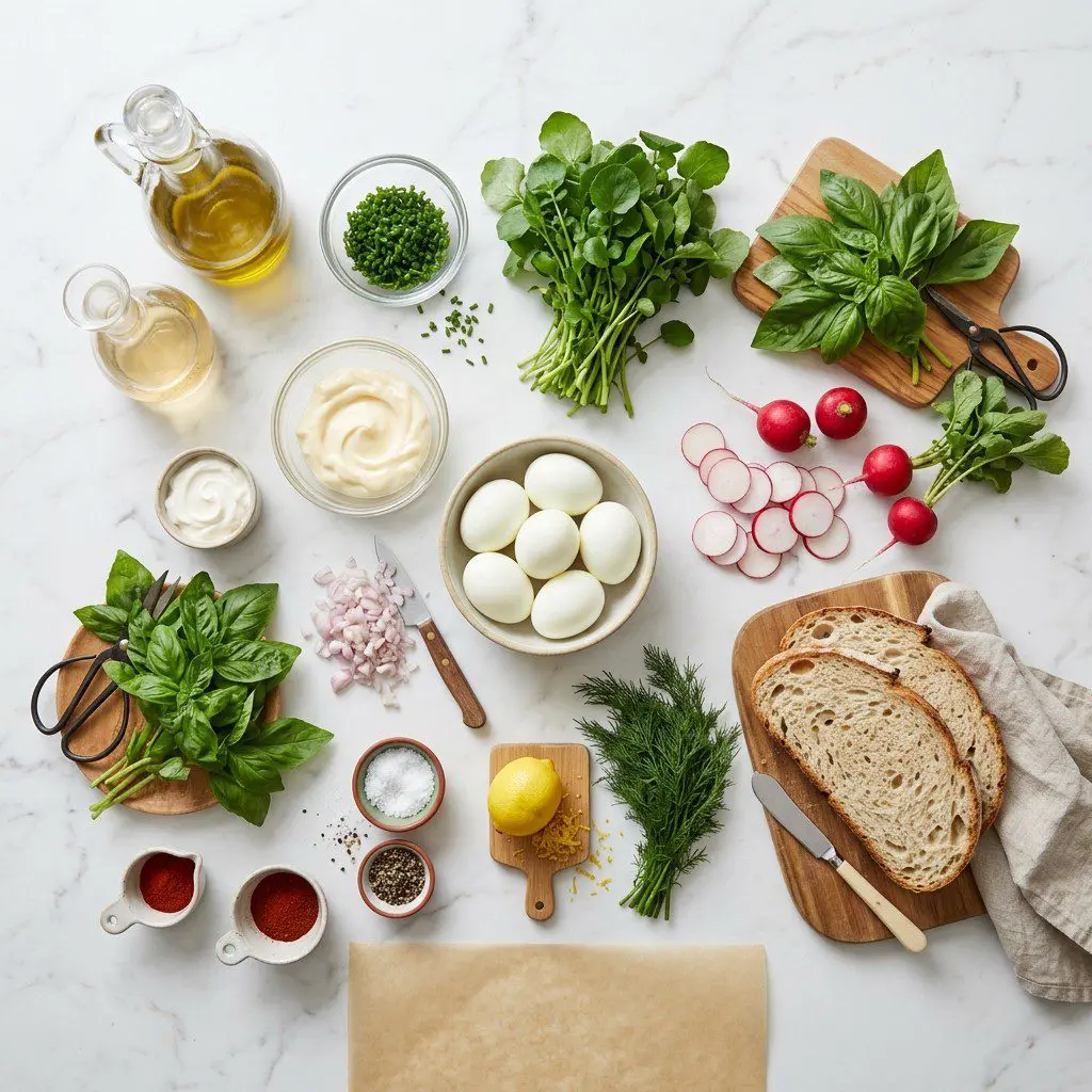 Raw cooking ingredients for Dainty Egg Salad Tartines with Sliced Radishes, Basil and Watercress arranged beautifully on a clean kitchen counter.