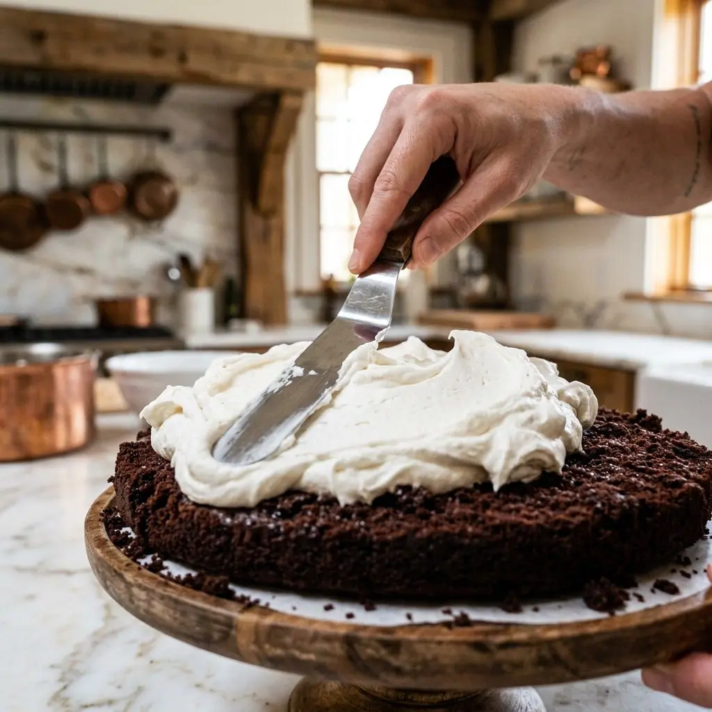 Home cook prepared steps for assembling and cooking Dark Chocolate Cake with Fluffy White Frosting.