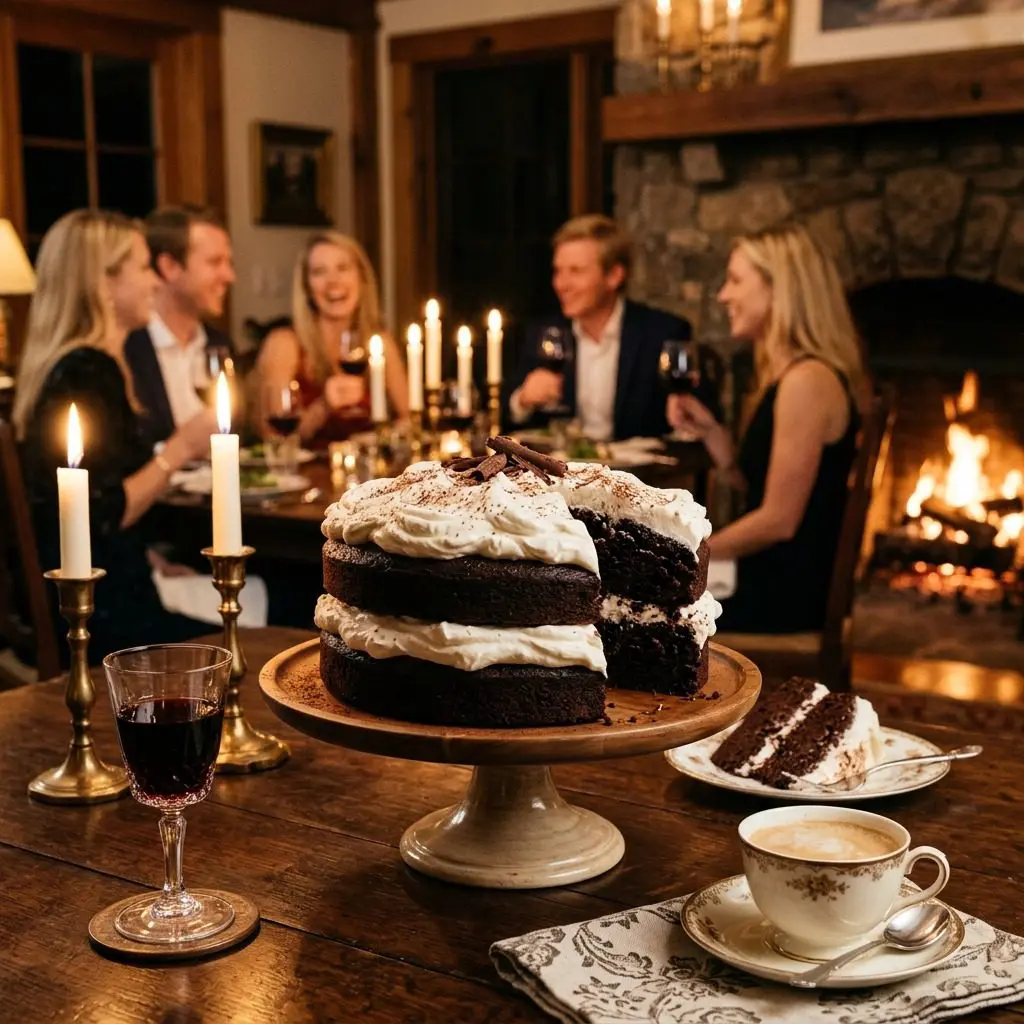 An appetizing, fresh serving of cooked Dark Chocolate Cake with Fluffy White Frosting displayed beautifully on a styled dining table.