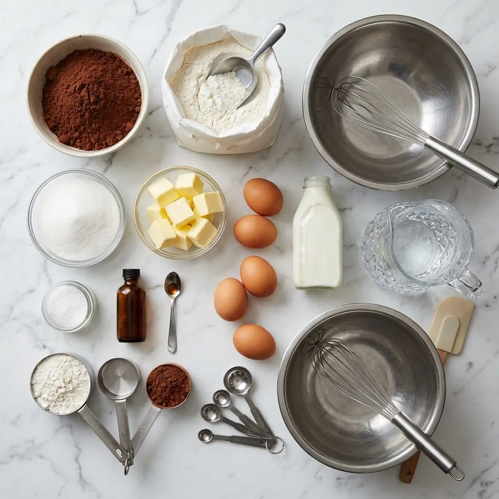 Raw cooking ingredients for Dark Chocolate Cake with Fluffy White Frosting arranged beautifully on a clean kitchen counter.