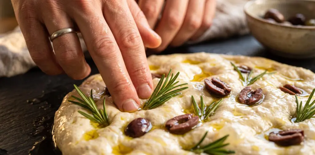 Fingertips pressing deep dimples into olive-oil-soaked focaccia dough, rosemary sprigs and olives nestled in each pocket.