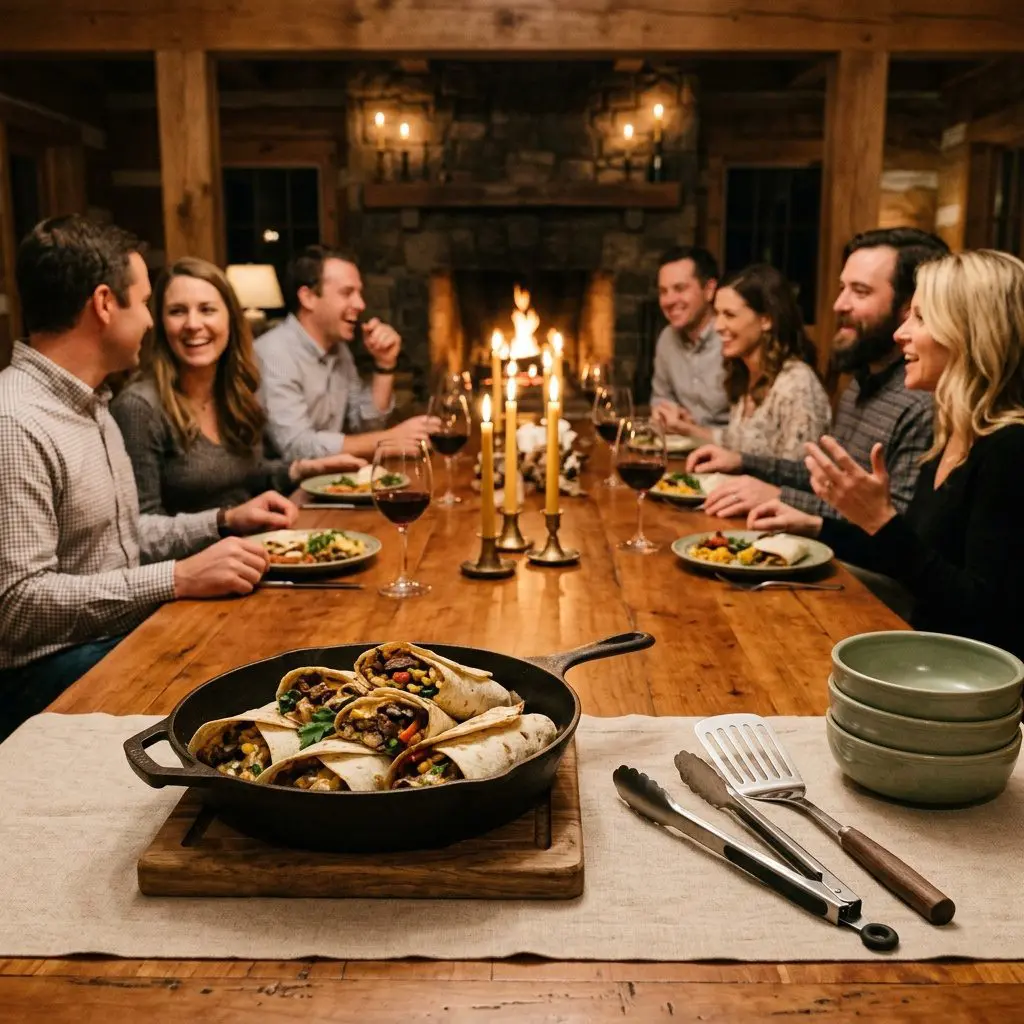 An appetizing, fresh serving of cooked Down ‘n Dirty Southern Beef Wraps displayed beautifully on a styled dining table.