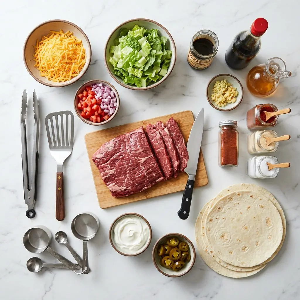 Raw cooking ingredients for Down ‘n Dirty Southern Beef Wraps arranged beautifully on a clean kitchen counter.