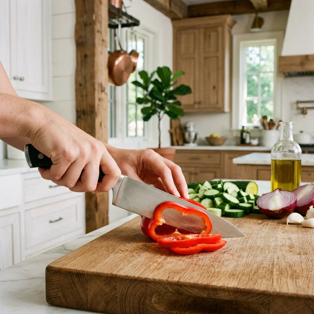 Home cook prepared steps for assembling and cooking Easy Classic Gazpacho.