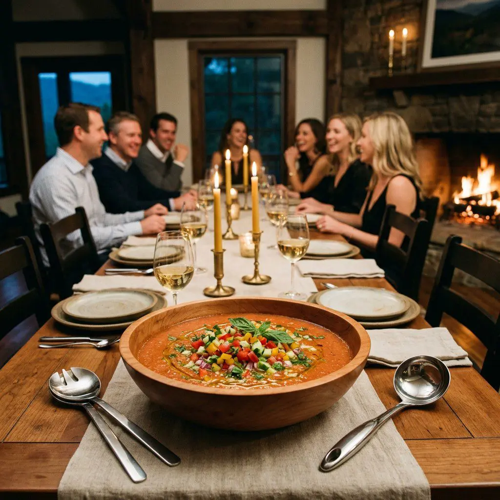 An appetizing, fresh serving of cooked Easy Classic Gazpacho displayed beautifully on a styled dining table.