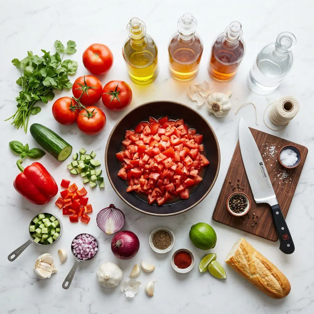 Raw cooking ingredients for Easy Classic Gazpacho arranged beautifully on a clean kitchen counter.