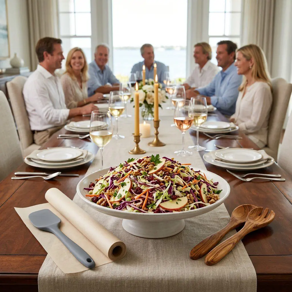 An appetizing, fresh serving of cooked Fall in Love Slaw displayed beautifully on a styled dining table.