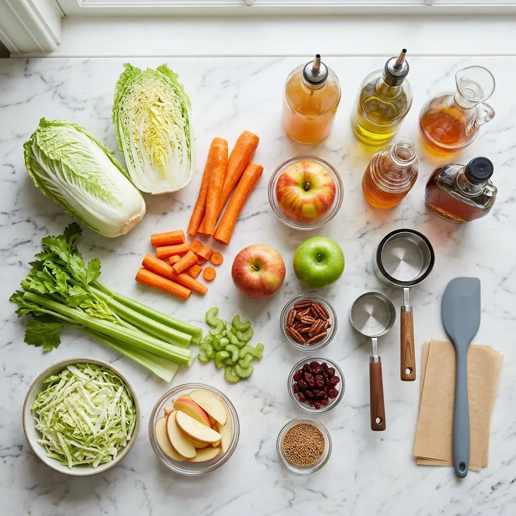 Raw cooking ingredients for Fall in Love Slaw arranged beautifully on a clean kitchen counter.