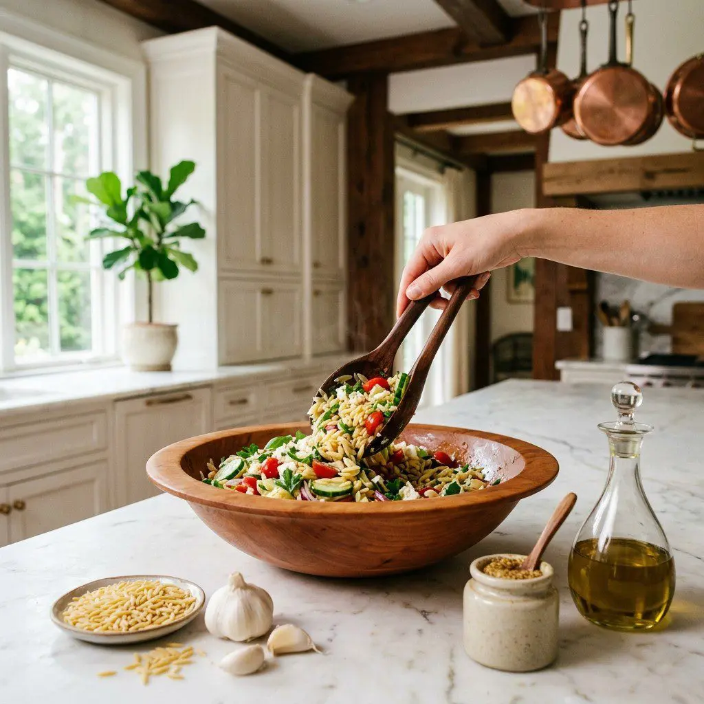 Home cook prepared steps for assembling and cooking Farmers Market Orzo Salad.