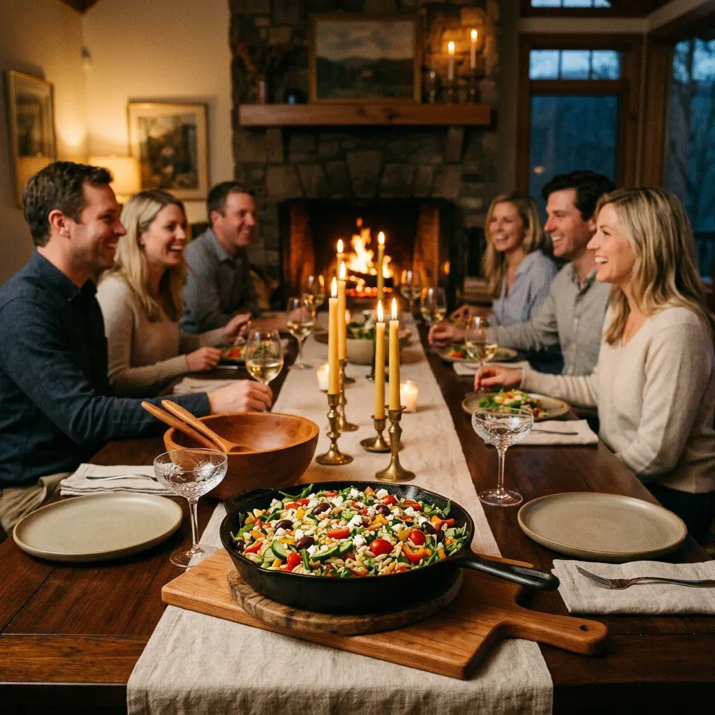 An appetizing, fresh serving of cooked Farmers Market Orzo Salad displayed beautifully on a styled dining table.